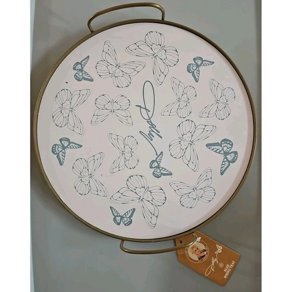 NEW DOLLY PARTON Round White Blue Butterfly Serving Tray Rare #772